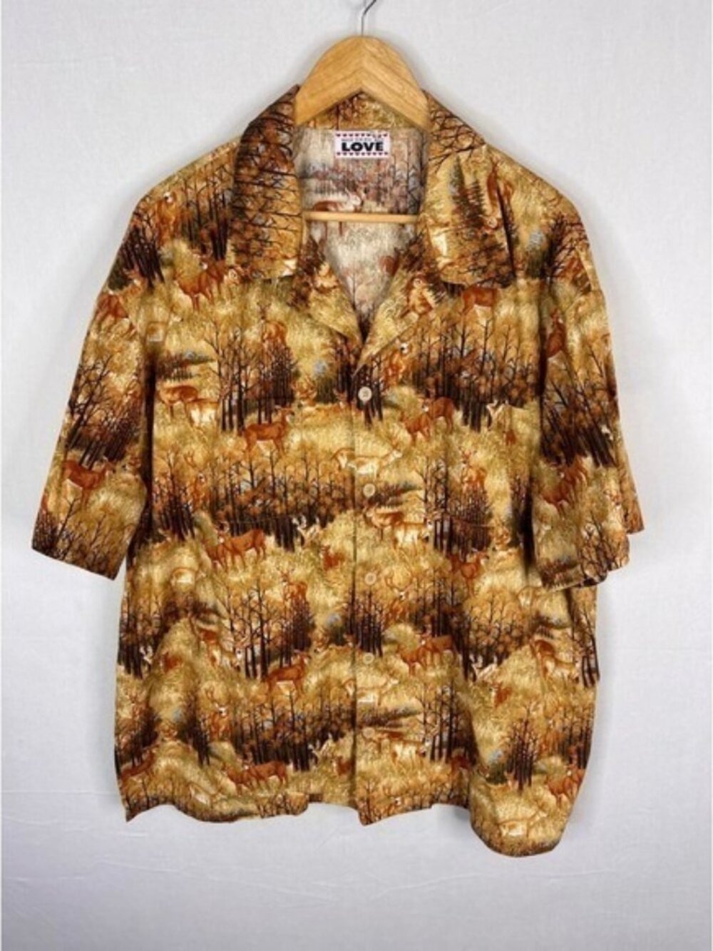 Hunting Mens Deer Forest Print Short Sleeve Button Down Camp Shirt XL